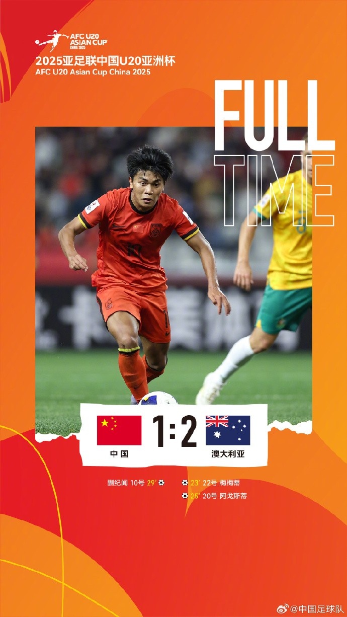  U20亞洲杯小組賽A組第三輪，中國隊(duì)1比2負(fù)于澳大利亞隊(duì)