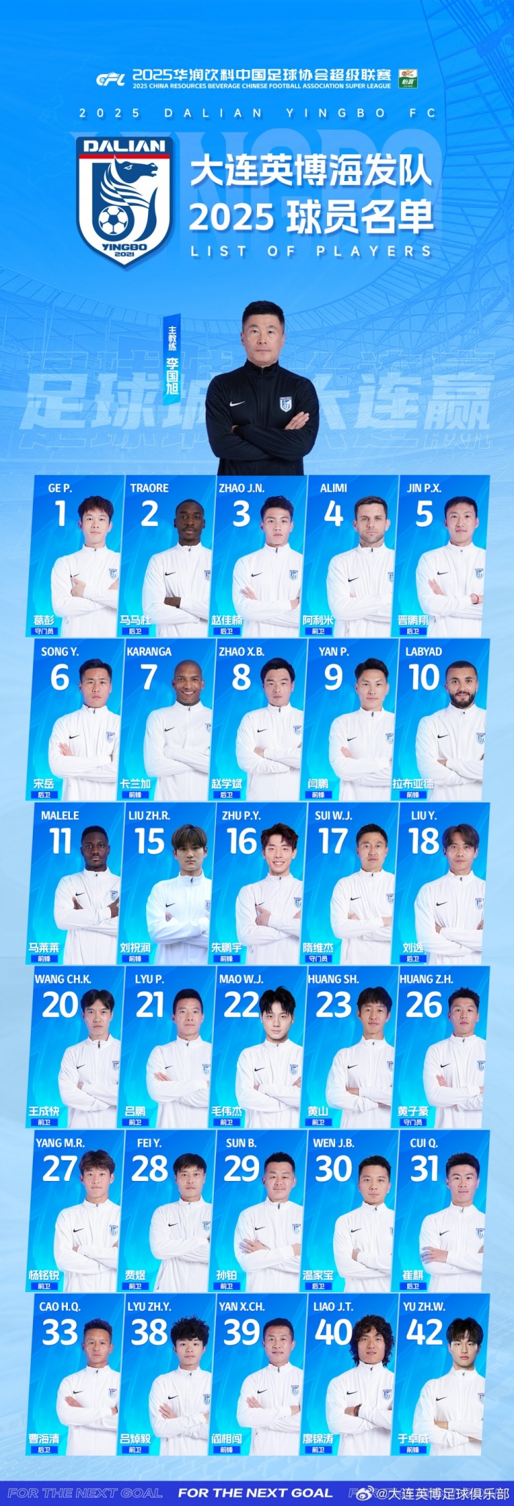  大連英博一線隊(duì)名單：10號(hào)拉布亞德領(lǐng)銜五外援，共30名球員入選