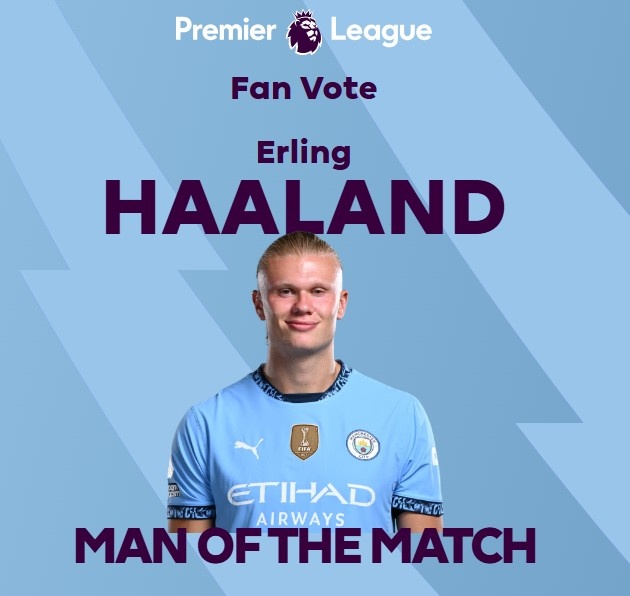 打進(jìn)致勝球！英超官方：哈蘭德當(dāng)選曼城1-0熱刺全場最佳球員